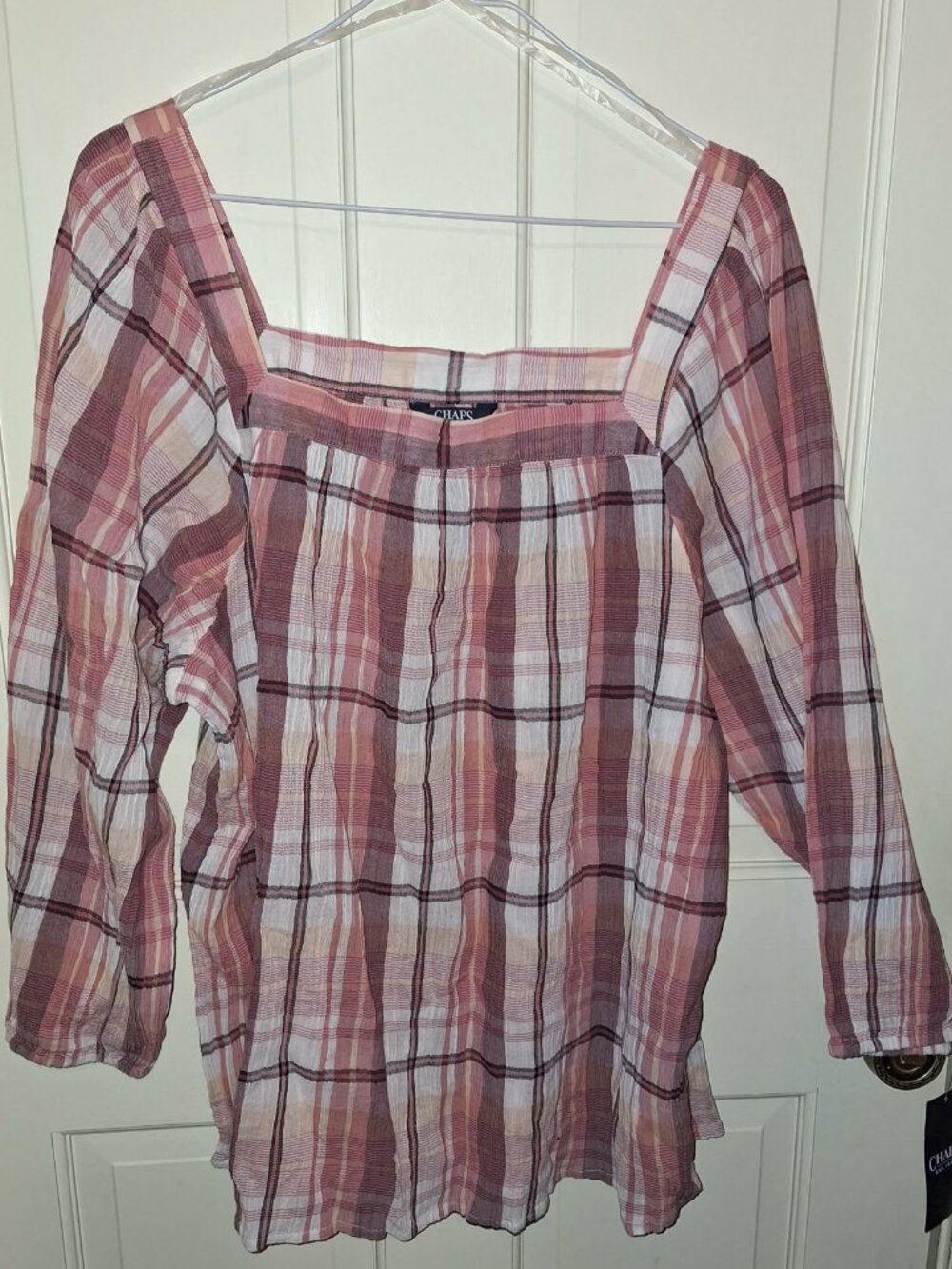 NWT! CHAPS Pink Plaid Peasant Top, SIZE XL